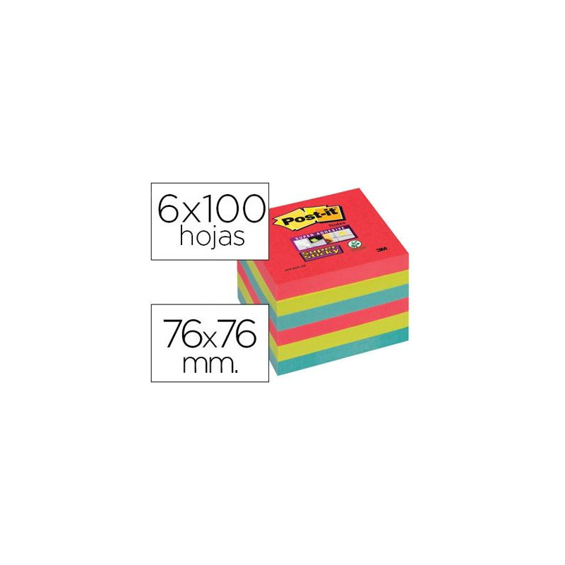 BLOC DE NOTAS ADHESIVAS QUITA Y PON POST-IT SUPER STICKY 76X76 MM CON 6 BLOC 2 ROJOS VERDE NEON AZUL