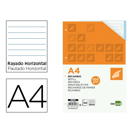 RECAMBIO LIDERPAPEL A4 100 HOJAS 100 G/M2 RAYADO HORIZONTAL 4 TALADROS BANDAS DE 5 COLORES