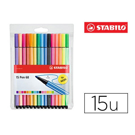 ROTULADOR STABILO ACUARELABLE PEN 68 ESTUCHE DE 10 COLORES ESTANDAR + 5 COLORES NEON