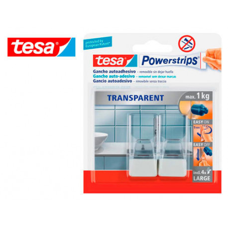 GANCHO AUTOADHESIVO TESA POWERSTRIPS GRANDE TRANSPARENTE/ACERO + TIRAS SUJECION HASTA 1 KG