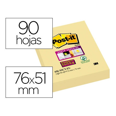 BLOC DE NOTAS ADHESIVAS QUITA Y PON POST-IT SUPER STICKY 51X78 MM CON 90 HOJAS 565 AMARILLO CANARIO