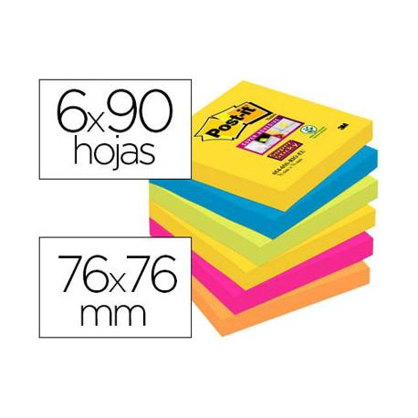 BLOC DE NOTAS ADHESIVAS QUITA Y PON POST-IT SUPER STICKY 76X76 MM CON 90 HOJAS PACK DE 6 BLOC COLORE