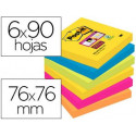 BLOC DE NOTAS ADHESIVAS QUITA Y PON POST-IT SUPER STICKY 76X76 MM CON 90 HOJAS PACK DE 6 BLOC COLORE