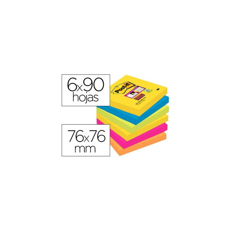 BLOC DE NOTAS ADHESIVAS QUITA Y PON POST-IT SUPER STICKY 76X76 MM CON 90 HOJAS PACK DE 6 BLOC COLORE