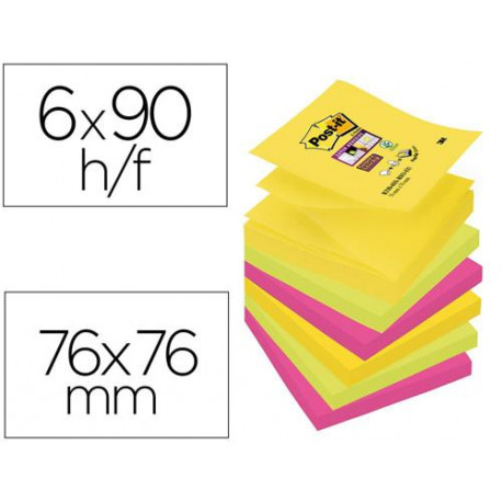 BLOC DE NOTAS ADHESIVAS QUITA Y PON POST-IT SUPER STICKY 76X76 MM CON 90 HOJAS PACK DE 6 BLOC COLORE