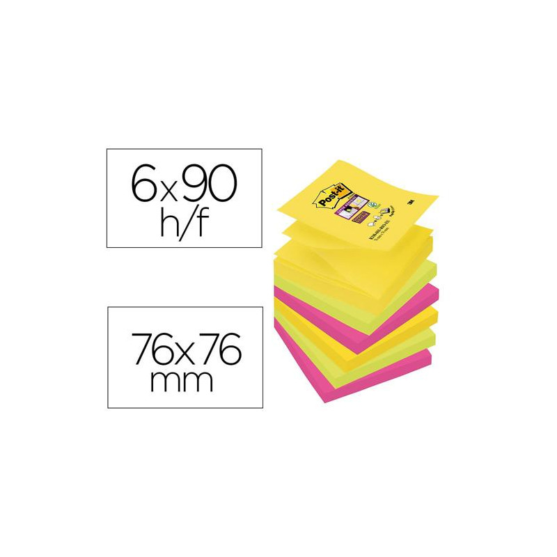 BLOC DE NOTAS ADHESIVAS QUITA Y PON POST-IT SUPER STICKY 76X76 MM CON 90 HOJAS PACK DE 6 BLOC COLORE