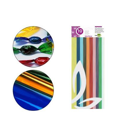 PAPEL CELOFAN LIDERPAPEL 50X70 CM 22G/M2 BOLSA DE 10 HOJAS COLORES SURTIDOS