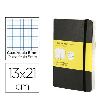 LIBRETA MOLESKINE TAPA BLANDA CUADRO 5 MM 240 HOJAS COLOR NEGRO CIERRE CON GOMA 130X210 MM