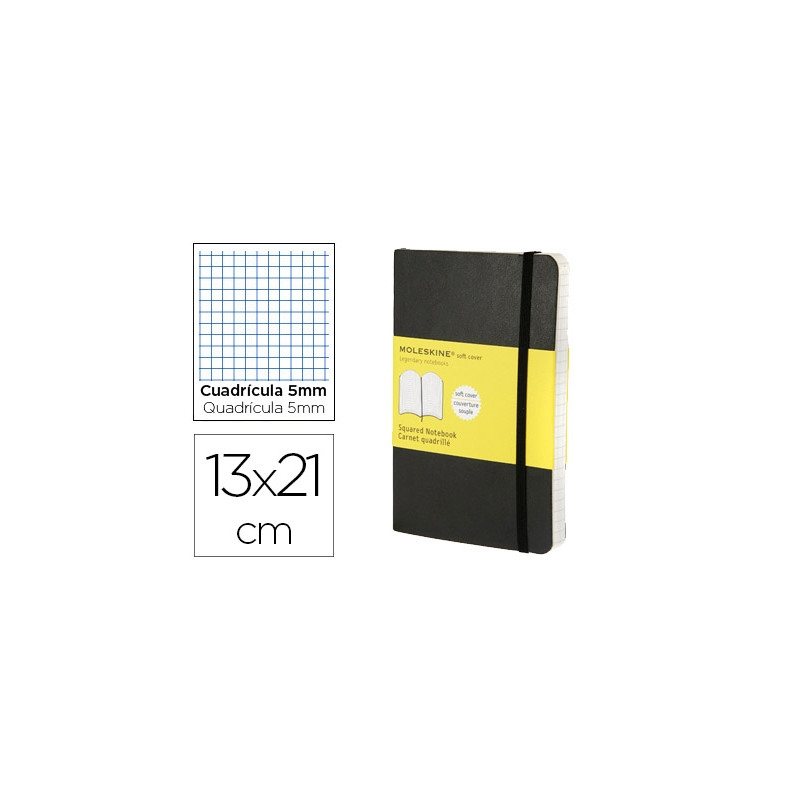 LIBRETA MOLESKINE TAPA BLANDA CUADRO 5 MM 240 HOJAS COLOR NEGRO CIERRE CON GOMA 130X210 MM