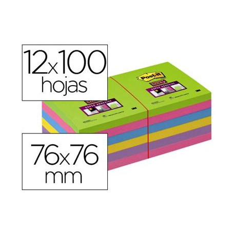 BLOC DE NOTAS ADHESIVAS QUITA Y PON POST-IT SUPER STICK ULTRA 76X76 MM PACK DE 12 BLOC VERDE ROSA AM