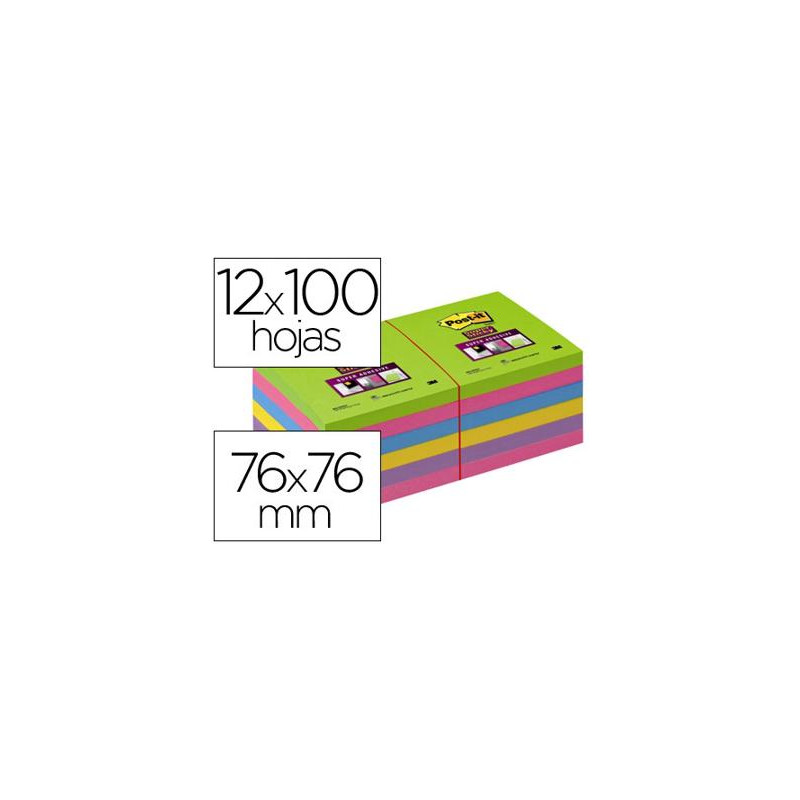 BLOC DE NOTAS ADHESIVAS QUITA Y PON POST-IT SUPER STICK ULTRA 76X76 MM PACK DE 12 BLOC VERDE ROSA AM