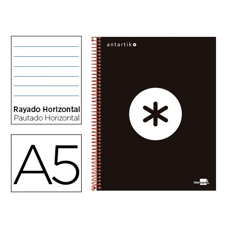 CUADERNO ESPIRAL A5 MICRO ANTARTIK TAPA FORRADA 120H 90 GR HORIZONTAL 5 BANDAS 6 TALADROS COLOR NEGR