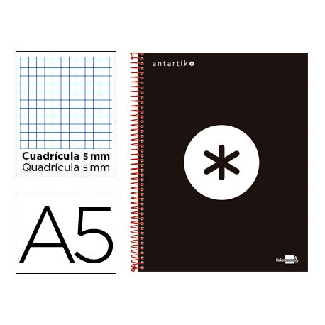 CUADERNO ESPIRAL A5 MICRO ANTARTIK TAPA FORRADA120H 90 GR CUADRO 5MM 5 BANDAS6 TALADROS COLOR NEGRO