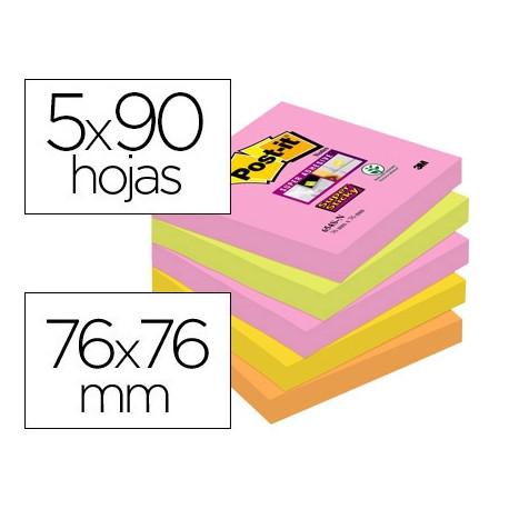 BLOC DE NOTAS ADHESIVAS QUITA Y PON POST-IT SUPER STICKY 76X76 MM CON 90 HOJAS PACK DE 5 BLOC COLORE