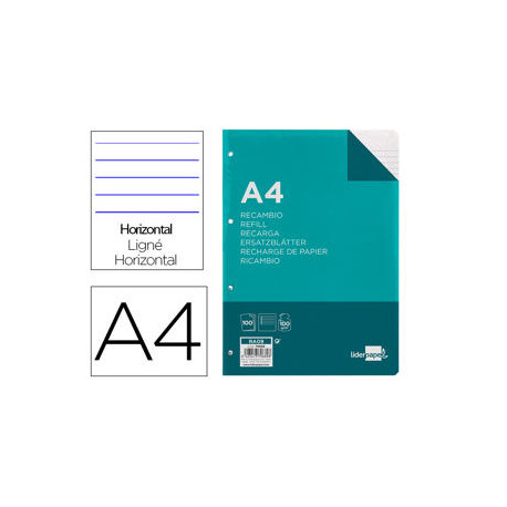 RECAMBIO LIDERPAPEL A4 100 HOJAS 100 G/M2 RAYADO HORIZONTAL CON MARGEN 4 TALADROS