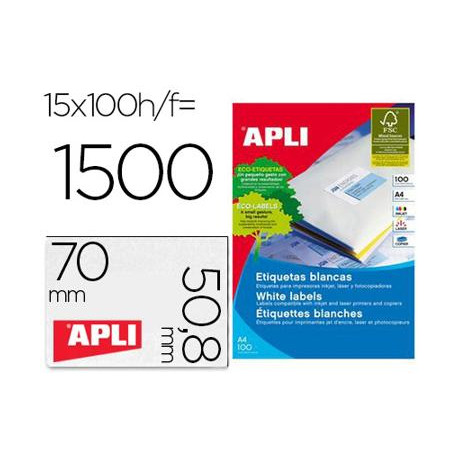 ETIQUETA ADHESIVA APLI 1295 TAMA?O 70X50,8 MM FOTOCOPIADORA LASER INK-JET CAJA CON 100 HOJAS DIN A4