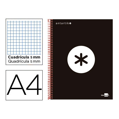 CUADERNO ESPIRAL A4 MICRO ANTARTIK TAPA FORRADA 120H 90 GR CUADRO 5MM 5 BANDAS 4 TALADROS COLOR NEGR