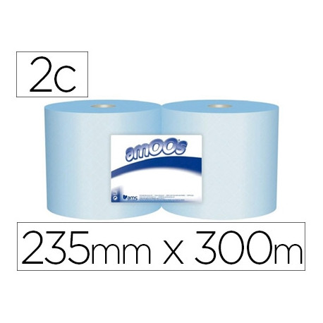 PAPEL SECAMANOS INDUSTRIAL AMOOS 2 CAPAS 235 MM X 300 MT COLOR AZUL PAQUETE DE 2 ROLLOS