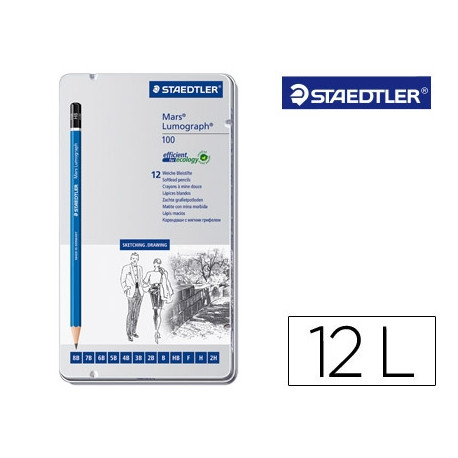 LAPICES DE GRAFITO STAEDTLER MARS LUMOGRAPH 100 CAJA METALICA DE 12 LAPICES 8B- 7B-6B-5B-4B-3B-2B-B-