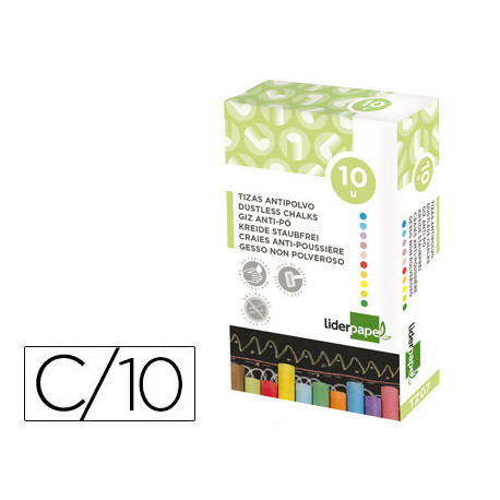 TIZA COLOR ANTIPOLVO LIDERPAPEL CAJA DE 10 UNIDADES COLORES SURTIDOS