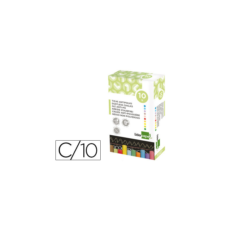 TIZA COLOR ANTIPOLVO LIDERPAPEL CAJA DE 10 UNIDADES COLORES SURTIDOS