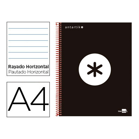 CUADERNO ESPIRAL A4 MICRO ANTARTIK TAPA FORRADA 120H 90 GR HORIZONTAL 5 BANDAS 4 TALADROS COLOR NEGR