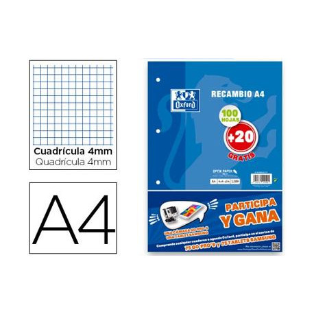 RECAMBIO OXFORD A4 100 + 20 HOJAS GRATIS 90 GR CUADRO 4MM 4 TALADROS