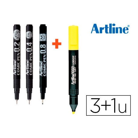 ROTULADOR ARTLINE COMIC PEN CALIBRADO MICROMETRICO NEGRO BOLSA DE 3 UDS 0,2 0,4 0,8 + FLUORESCENTE 6