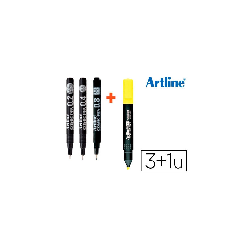 ROTULADOR ARTLINE COMIC PEN CALIBRADO MICROMETRICO NEGRO BOLSA DE 3 UDS 0,2 0,4 0,8 + FLUORESCENTE 6