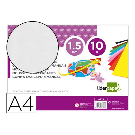 GOMA EVA LIDERPAPEL DIN A4 60G/M2 ESPESOR 1,5MM BLANCO PAQUETE DE 10 HOJAS