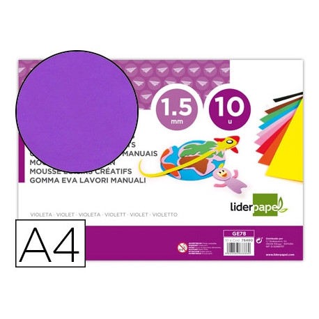 GOMA EVA LIDERPAPEL DIN A4 60G/M2 ESPESOR 1,5MM VIOLETA PAQUETE DE 10 HOJAS