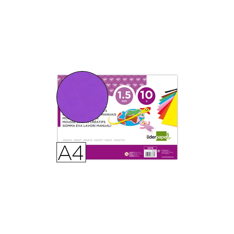 GOMA EVA LIDERPAPEL DIN A4 60G/M2 ESPESOR 1,5MM VIOLETA PAQUETE DE 10 HOJAS