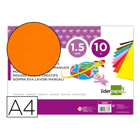 GOMA EVA LIDERPAPEL DIN A4 60G/M2 ESPESOR 1,5MM NARANJA PAQUETE DE 10 HOJAS