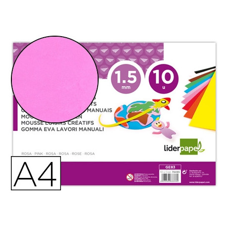 GOMA EVA LIDERPAPEL DIN A4 60G/M2 ESPESOR 1,5MM ROSA PAQUETE DE 10 HOJAS