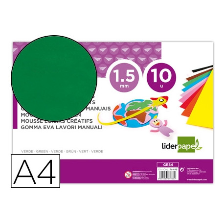 GOMA EVA LIDERPAPEL DIN A4 60G/M2 ESPESOR 1,5MM VERDE PAQUETE DE 10 HOJAS