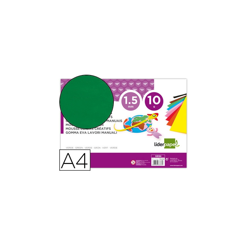 GOMA EVA LIDERPAPEL DIN A4 60G/M2 ESPESOR 1,5MM VERDE PAQUETE DE 10 HOJAS