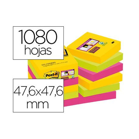 BLOC DE NOTAS ADHESIVAS QUITA Y PON POST-IT SUPER STICKY 47,6X47,6 MM CON 90 HOJAS PACK DE 12 BLOC C