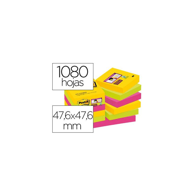 BLOC DE NOTAS ADHESIVAS QUITA Y PON POST-IT SUPER STICKY 47,6X47,6 MM CON 90 HOJAS PACK DE 12 BLOC C