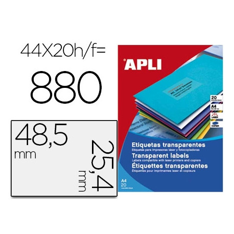 ETIQUETA ADHESIVA APLI TRANSPARENTE 48,5X25,4 MM FOTOCOPIA LASER INKJET CAJA 20 HOJAS DIN A4 CON 880