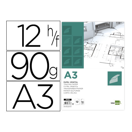 PAPEL DIBUJO LIDERPAPEL A3 297X420MM 90G/M2 VEGETAL SOBRE DE 12 HOJAS