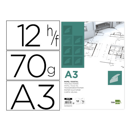 PAPEL DIBUJO LIDERPAPEL A3 297X420MM 70G/M2 VEGETAL SOBRE DE 12 HOJAS