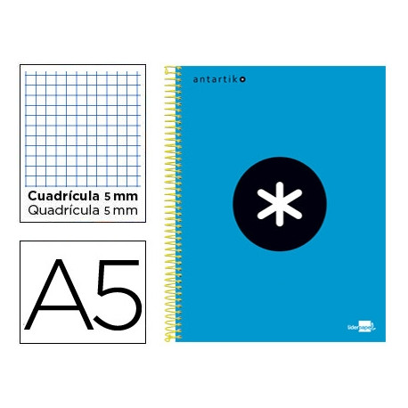 CUADERNO ESPIRAL A5 MICRO ANTARTIK TAPA FORRADA120H 90 GR CUADRO 5MM 5 BANDAS6 TALADROS COLOR AZUL