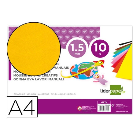 GOMA EVA LIDERPAPEL DIN A4 60G/M2 ESPESOR 1,5MM AMARILLO PAQUETE DE 10 HOJAS