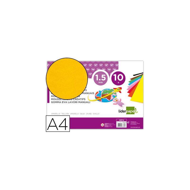 GOMA EVA LIDERPAPEL DIN A4 60G/M2 ESPESOR 1,5MM AMARILLO PAQUETE DE 10 HOJAS