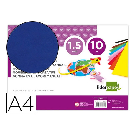 GOMA EVA LIDERPAPEL DIN A4 60G/M2 ESPESOR 1,5MM AZUL PAQUETE DE 10 HOJAS