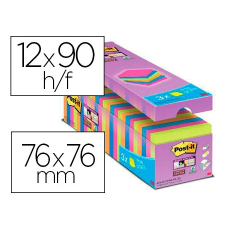 BLOC DE NOTAS ADHESIVA QUITA Y PON POST-IT SUPER STICKY 76X76 MM 90 HOJAS COLORES SURTIDOS PACK DE 2