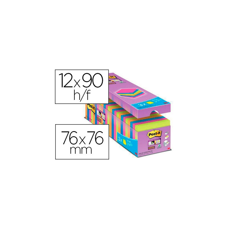 BLOC DE NOTAS ADHESIVA QUITA Y PON POST-IT SUPER STICKY 76X76 MM 90 HOJAS COLORES SURTIDOS PACK DE 2