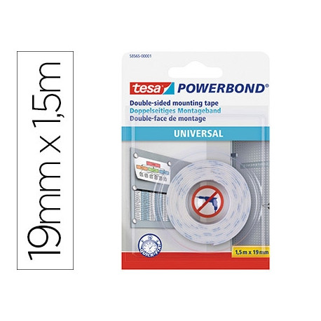 CINTA ADHESIVA TESA DOBLE CARA POWERBOND UNIVERSAL USO INTERIOR 1,5 M X 19 MM