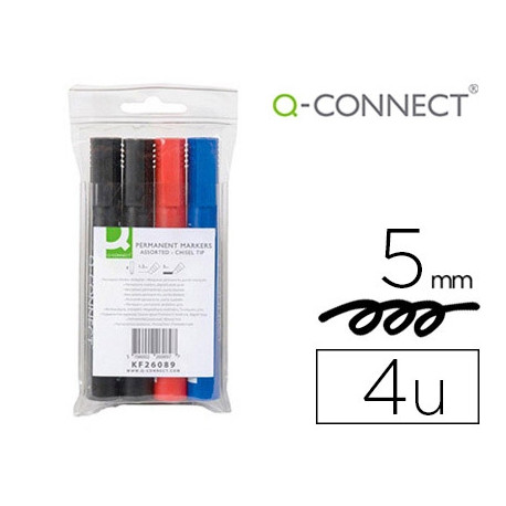 ROTULADOR Q-CONNECT MARCADOR PERMANENTE ESTUCHE DE 4 COLORES SURTIDOS PUNTA BISELADA 5 MM