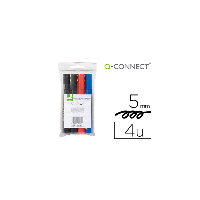 ROTULADOR Q-CONNECT MARCADOR PERMANENTE ESTUCHE DE 4 COLORES SURTIDOS PUNTA BISELADA 5 MM